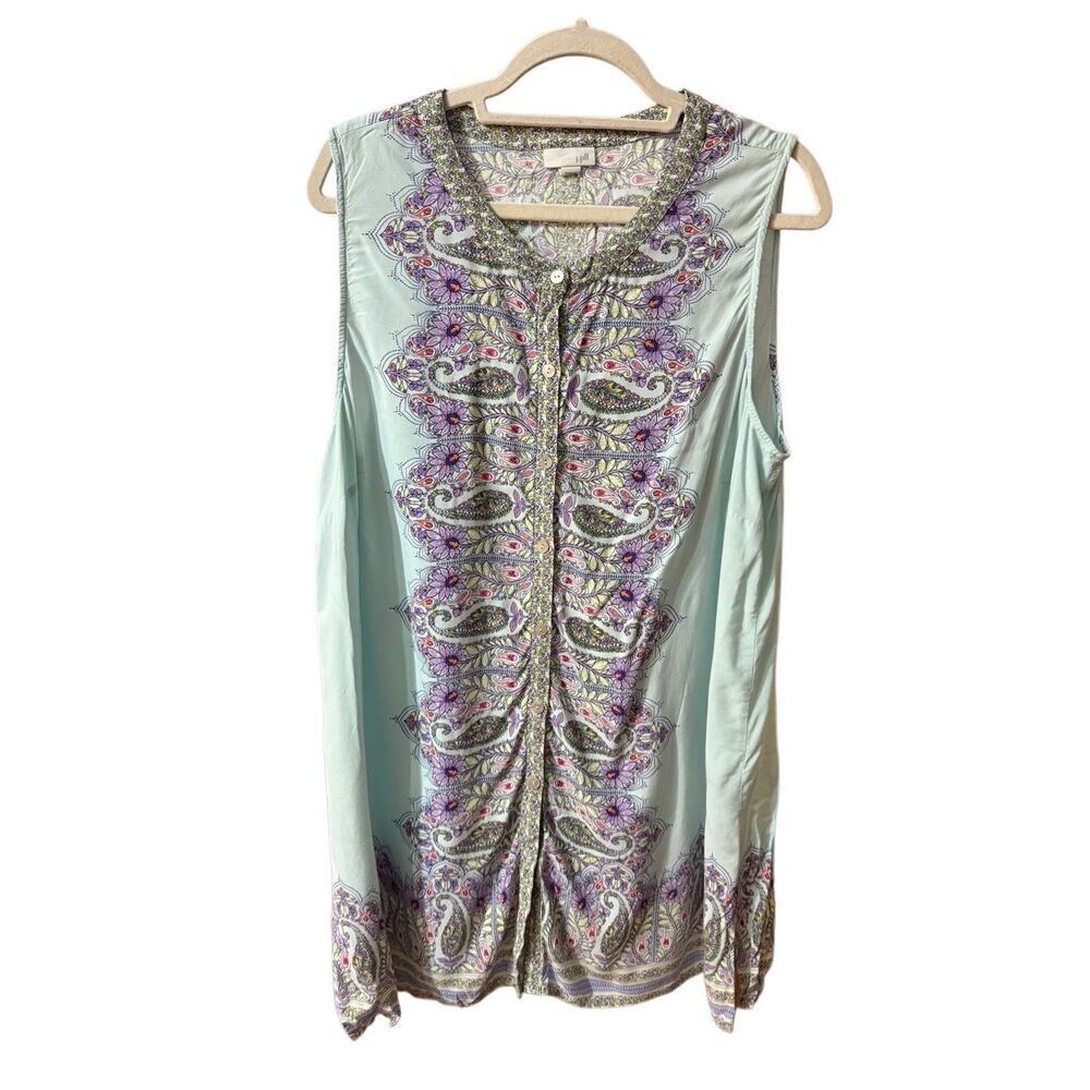 J. Jill Paisley Blue Purple Sheer Button Up Sleeveless Tunic Sz XL‎